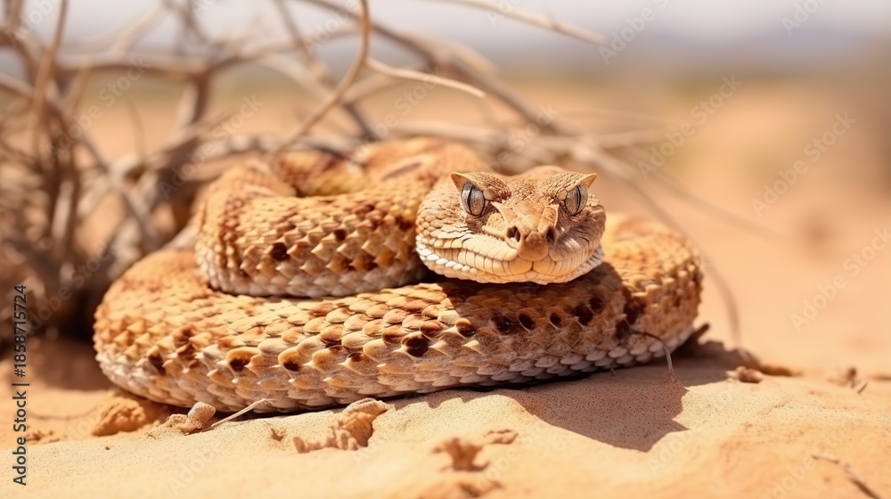 Fototapeta premium Two Desert Rattlesnakes Coiled Together on Warm Sand Under Sparse Brush in a Harsh Arid Landscape