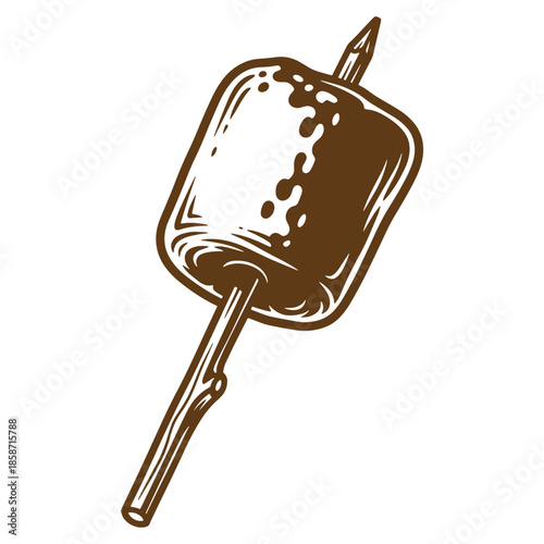 Vintage brown illustration of a toasted marshmallow on a stick sweet treat for camping or outdoor activities