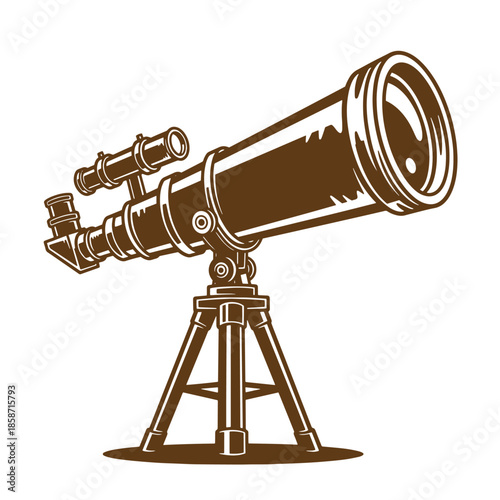 Vintage Brown illustration of a vintage astronomical telescope on a tripod stand for stargazing and astronomy  science and technology