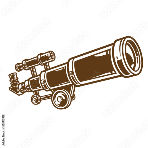 Vintage Brown illustration of a vintage refracting telescope on white background  astronomy instrument