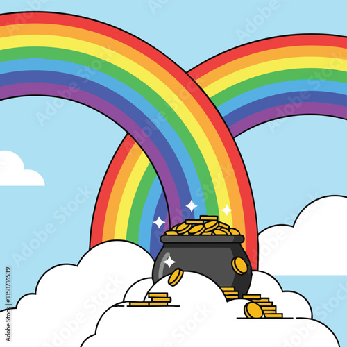 Magical double rainbow arching over fluffy white clouds, with a shimmering pot of gold coins, representing the legendary luck and joyous spirit of a festive day