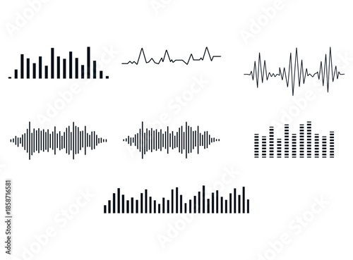 High-Tech Digital Audio Waveforms, Sound Waves, Music Equalizers and  Minimalist Audio Frequency Graphics and Tech Symbols