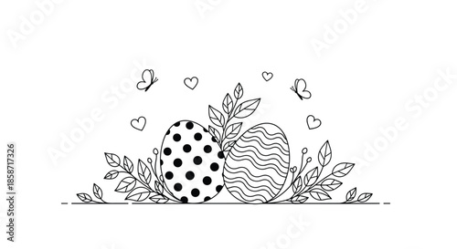 Beautiful line art illustration of decorated Easter eggs surrounded by delicate leaves, whimsical butterflies, and tiny hearts for spring.