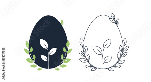 Pair of Easter eggs decorated with delicate leaf branches and foliage patterns shown in both a solid dark and a fine line art version.