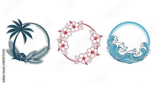 Set of three tropical circular frames featuring a palm tree silhouette, a wreath of hibiscus flowers, and dynamic rolling ocean waves.