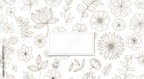 Intricate seamless floral pattern featuring various hand-drawn line art flowers and leaves with a central blank frame for customized text.