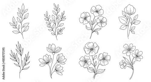 Diverse collection of eight different hand-drawn line art botanical elements including various delicate flowers and leafy stems for nature.