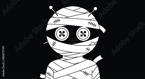 Spooky black and white illustration of a voodoo doll designed as a mummy with bandage wraps, large button eyes, and pins stuck in its head.