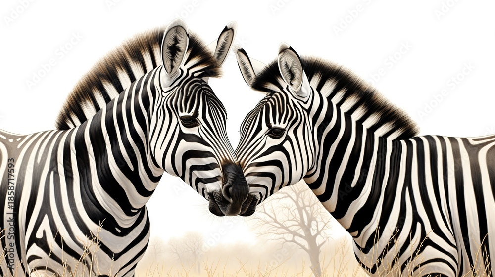 Fototapeta premium Two Zebras Touch Noses in a Tender Moment Amid Soft Dawn Mist