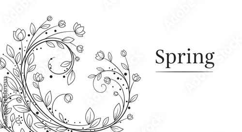 Word spring is elegantly written next to a swirling black and white floral flourish featuring delicate buds and leaves for a fresh look.