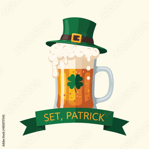 Illustration of a beer mug with a green hat and shamrock on a white background with a green banner reading 'SET, PATRICK'.