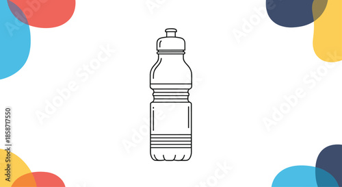 Modern sports water bottle with a convenient drinking cap is centered on a white background with colorful abstract shapes in the corners.