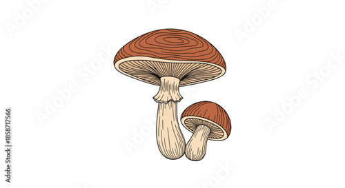 Close-up illustration of two brown mushrooms with detailed gills and stems shows the beauty of wild fungi found in a deep forest setting.