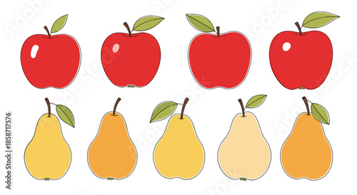 Fruit pattern displays a variety of red apples and yellow pears with green leaves in two rows for a fresh and healthy garden harvest theme.