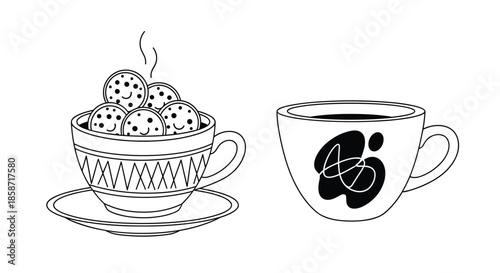 Two ceramic cups are shown together with one containing hot coffee and the other filled with many small smiling chocolate chip cookie icons.