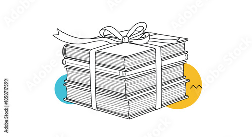 Stack of four hardcover books is neatly tied together with a white ribbon and bow to represent a thoughtful gift of knowledge or reading.