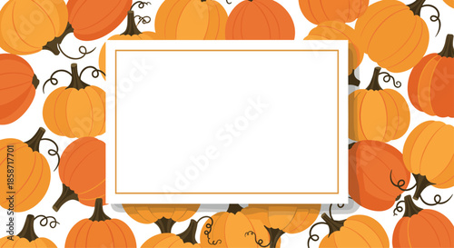 Festive autumn frame design with a large central white space surrounded by numerous orange pumpkins and gourds.