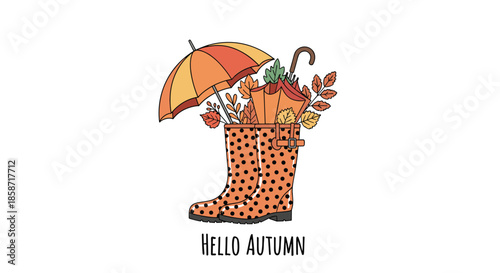 Charming autumn illustration of orange polka dot rain boots holding an umbrella and leaves with Hello Autumn text.