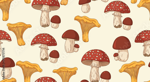 Seamless pattern with different forest mushrooms including fly agaric and chanterelles on a light cream background.