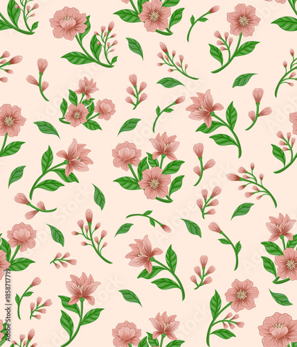 Hand drawn seamless vintage floral pattern. Ornamental botanical flower, for fabric, textiles, clothing, bedding, curtain, card, wrapping paper, backdrop, banner, illustration, abstract backgrounds.