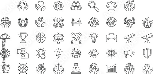 Business, leadership and success line icons set featuring strategy, teamwork, innovation, growth, global management and achievement symbols for corporate UI design