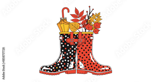 Creative autumn illustration of a pair of colorful polka dot rain boots filled with an umbrella and fall leaves.