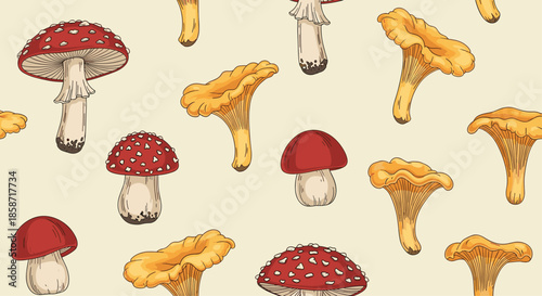 Seamless pattern with various colorful forest mushrooms including red toadstools and yellow chanterelles on cream.