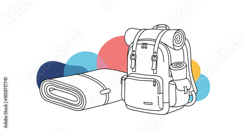 Camping backpack and sleeping bag line art illustration featuring colorful abstract background circles for outdoor adventure.