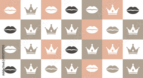 Trendy checkerboard pattern grid featuring icons of lips and crowns in neutral brown, peach, and white tones.