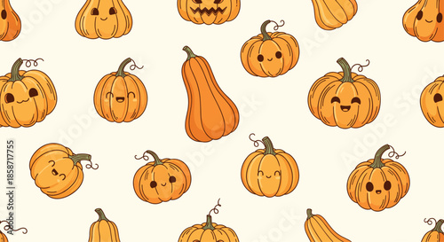 Adored seamless pattern with various cute cartoon pumpkins featuring happy smiling faces on a cream background.