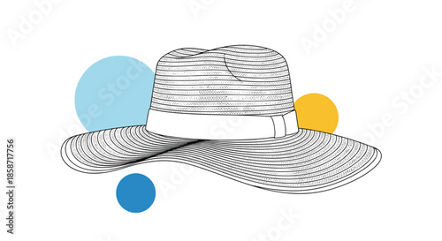 Wide brimmed straw hat illustration for summer beach vacation featuring colorful abstract background circles and minimalist style.