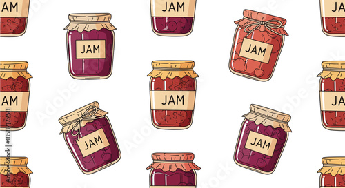 Seamless pattern featuring various jars of fruit jam with hand drawn labels for home kitchen and food themes.