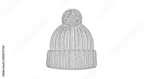 Detailed hand drawn illustration of a cozy knitted winter hat with a pom-pom on top for cold weather fashion.