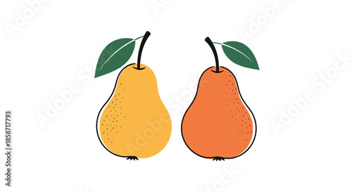 Simple illustration of two pears with leaves in yellow and orange colors for fruit and healthy eating concepts.