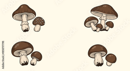 Set of detailed hand drawn mushroom clusters in various sizes and shapes for botanical and nature studies.