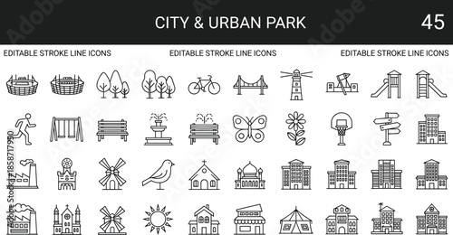 City and urban park editable stroke line icons set featuring buildings, nature, recreation, landmarks and public spaces for map designWeb