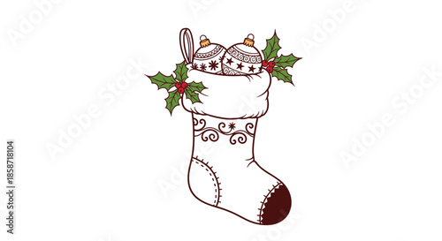Decorative Christmas stocking filled with patterned baubles and holly leaves with red berries for festive holiday season traditions.