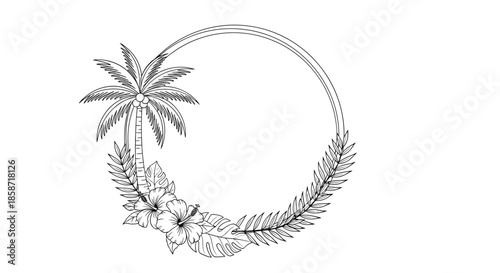 Tropical circular frame featuring a palm tree hibiscus flowers and monstera leaves in line art style for summer beach events.