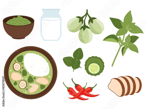 Thai Green Curry Ingredients and Dish Flat Lay