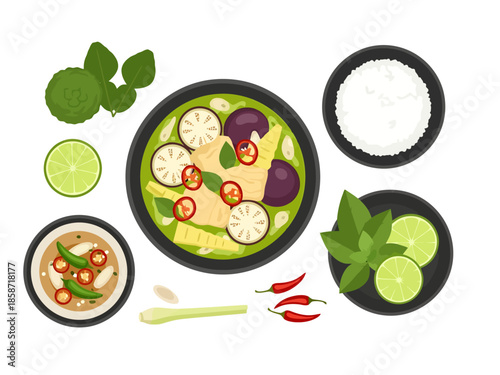 Flat Lay Arrangement of Thai Green Curry Meal with Ingredients