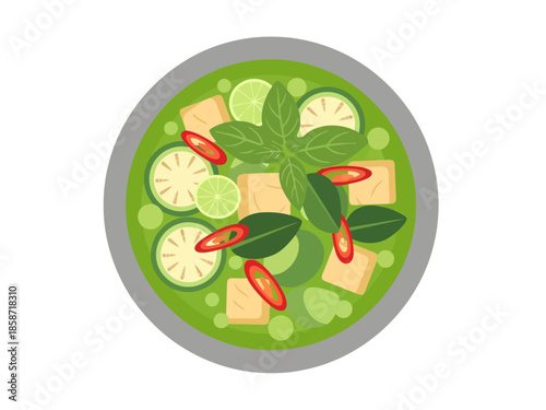 Flat illustration of a vibrant green savory soup with tofu lime and chili slices presented in a simple bowl
