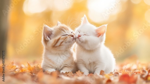 Adorable baby cats sharing a loving kiss under a tree. Sweet British Shorthair kittens kissing