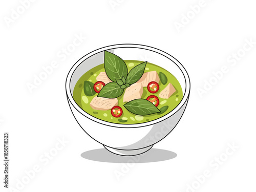Fresh Green Curry Dish with Chicken and Basil Garnish