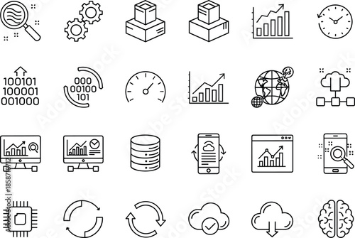 Data analytics and technology outline icon set featuring cloud computing statistics automation database ai symbols for web app and ui designWeb