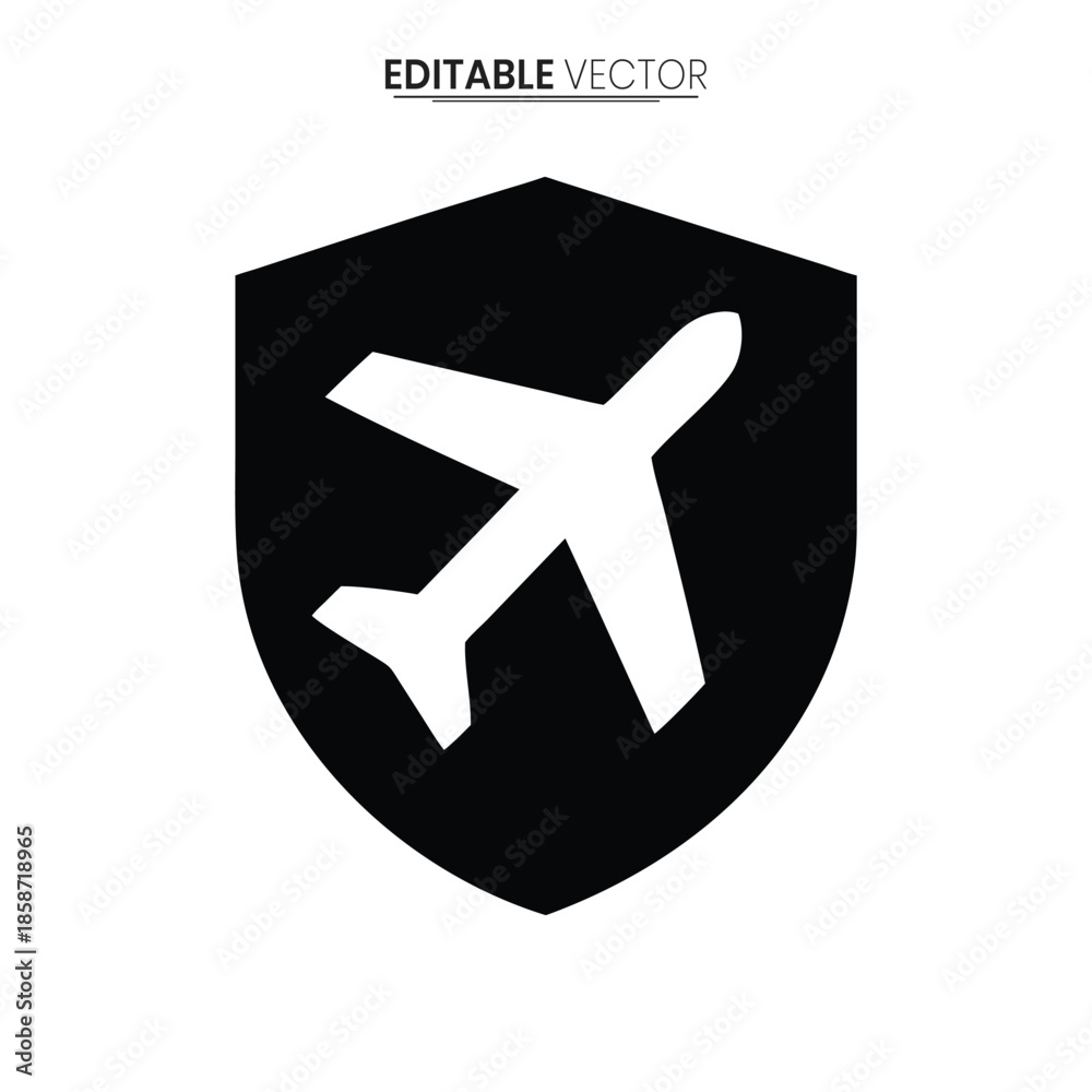 Obraz premium A black shield icon featuring a white airplane silhouette representing travel security and protection