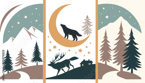 Set of abstract vertical background with autumn forest, animals, leaves in one line style and A modern minimalist vector illustration poster set featuring wild animals with double exposure landscape d