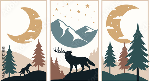 Set of abstract vertical background with autumn forest, animals, leaves in one line style and A modern minimalist vector illustration poster set featuring wild animals with double exposure landscape d