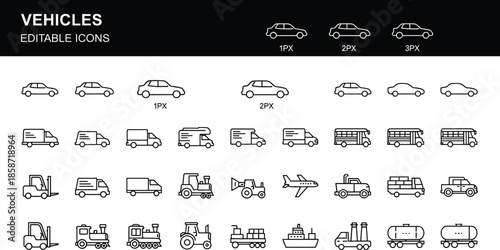 Editable vehicle outline icon set featuring cars trucks buses ships airplanes forklifts in multiple sizes for web and app design