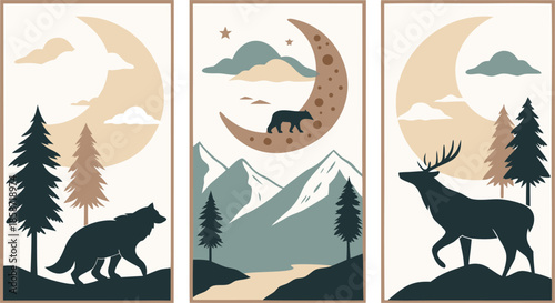Set of abstract vertical background with autumn forest, animals, leaves in one line style and A modern minimalist vector illustration poster set featuring wild animals with double exposure landscape d