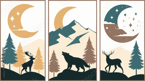 Set of abstract vertical background with autumn forest, animals, leaves in one line style and A modern minimalist vector illustration poster set featuring wild animals with double exposure landscape d